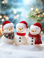 Fototapeta premium Three Snowmen in Santa Hats - Three cheerful snowmen wearing Santa hats sit together in the snow against a sparkling winter background