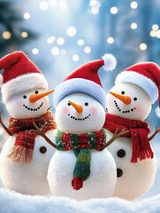Three Snowmen in Santa Hats - Three cheerful snowmen wearing Santa hats and scarves stand together in snowy winter scene