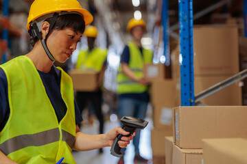 Female Asian warehouse worker scanning the packages