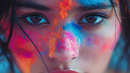 Close Up of a Beautiful Indian Woman with Colorful Holi Powder on Her Face