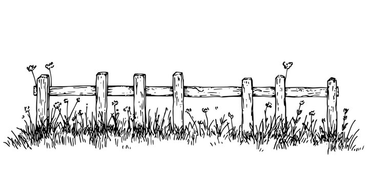 rustic wooden fence with grass sketch doodle vector