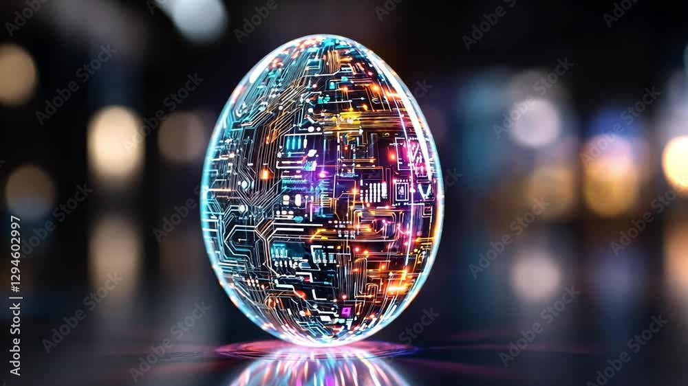 Poster digital egg with intricate patterns and colorful lights illuminated in a futuristic setting