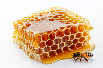Honeycomb with dripping honey and a bee on white background.