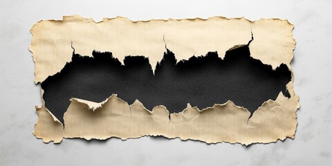 Obraz premium Torn Paper Reveal: A piece of torn paper unveils a dark background, the edges ragged and textured, offering a glimpse of something unseen, evoking a sense of mystery and anticipation.