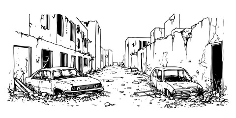 abandoned city street with ruined buildings hand-drawn post-apocalyptic vector
