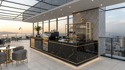 Luxurious Rooftop Cafe and Coffee shop: Panoramic View with Marble Counter