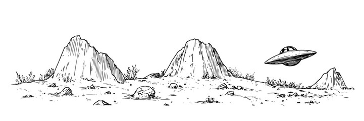 ufo flying over desert mountains vector doodle black sketch illustration © Kaz