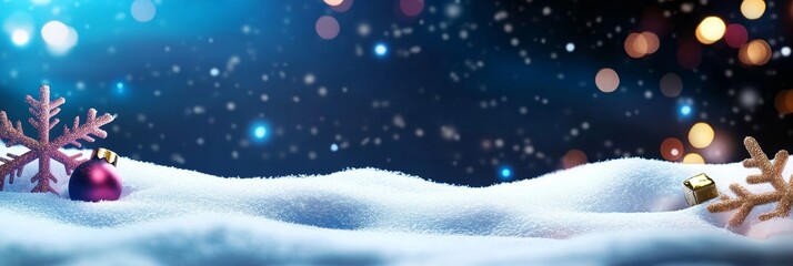 Obraz premium Winter Wonderland Holiday Scene - Festive Christmas scene with snow, ornaments, and snowflakes against a bokeh background. Perfect for holiday cards or winter promotions