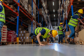 Warehouse worker falling to the ground after an accident