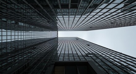 Fototapeta premium Looking Up at Modern Glass Skyscrapers Against a Gray Sky