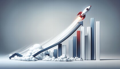 A rocket launching from a bar graph with rising bars, symbolizing rapid growth, success and upward trajectory in business or financial performance.
