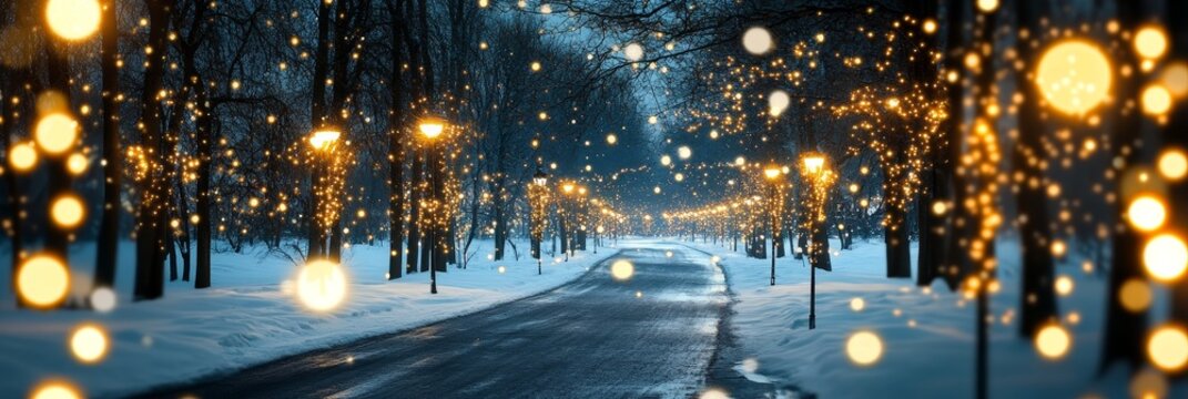 Winter Wonderland Road - Snowy road lined with trees adorned with warm, golden lights, creating a magical winter scene. Perfect for holiday or winter themes