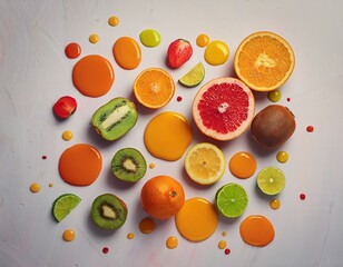 jugo brillante salpicado de frutas frescas- vibrantes explosiones de l&iacute;quido naranja