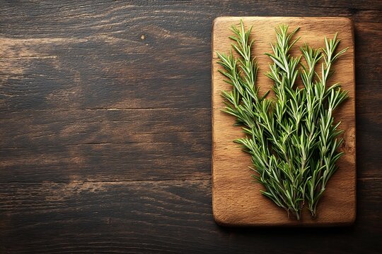 Fresh rosemary sprigs on a rustic wooden cutting board.