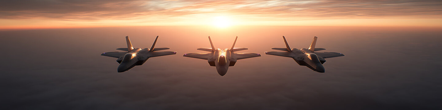 Three fighter jets fly in formation against a breathtaking sunset, showcasing power, precision, and the beauty of aviation. A stunning aerial display!