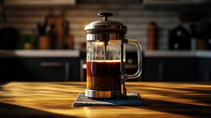 French press with freshly brewed coffee on wooden table in kitchen