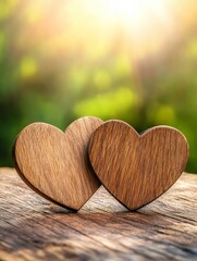 Wooden Hearts on Rustic Wood - Two wooden hearts nestled together on a rustic wooden surface, with a blurred green background