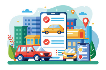 Naklejka premium A mobile app displays vehicle order options against a vibrant city backdrop with cars and buildings, Mobile application for orders automobile,