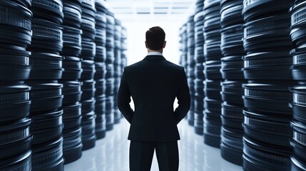 Database manager oversaw design implementation in tire storage facility modern warehouse environment professional view