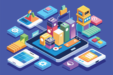 The artwork features customizable mobile apps shown in an engaging isometric style with devices and icons, Mobile apps Customizable Isometric Illustration