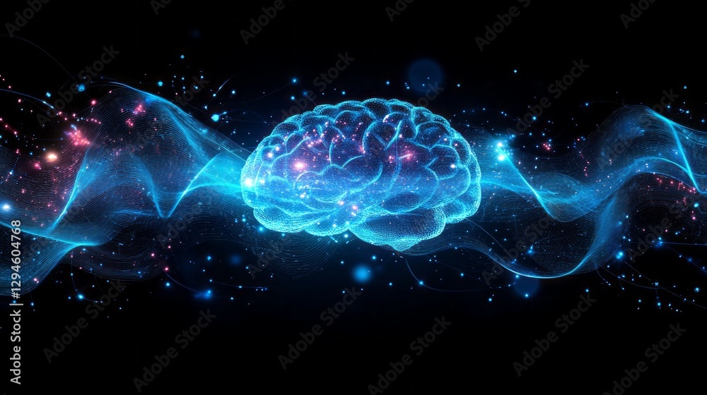 Poster A mesmerizing display illustrates the complexity of the human brain, surrounded by luminous, energetic waves that symbolize thought processes and creativity in motion