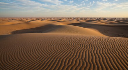 Desert Sand Dunes Landscape with Ripples and Blue Sky at Sunset