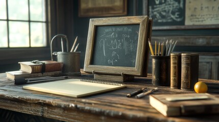 Essential school supplies: writing board, pen holder, tool to sharpen pencils, and textbooks.  