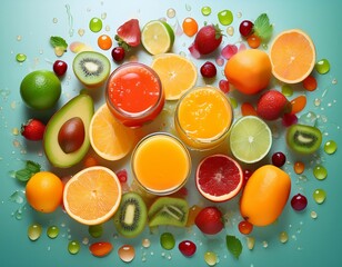 jugo brillante salpicado de frutas frescas- vibrantes explosiones de l&iacute;quido naranja