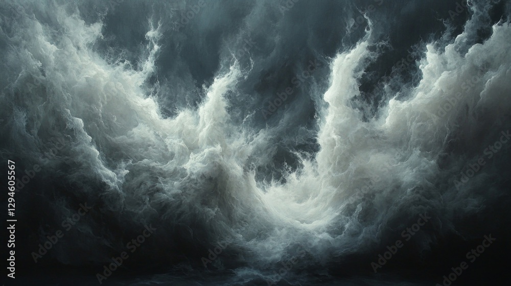Poster Swirling clouds fill the sky with a dramatic interplay of dark tones and soft whites, creating an ethereal atmosphere that suggests an approaching storm. A moment that captivates