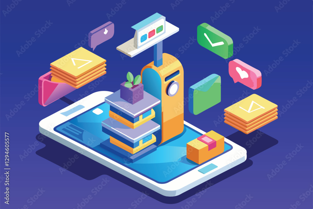 Poster the design showcases a customizable mobile inbox with app icons and notifications in an isometric st