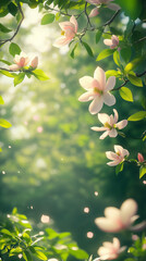Obraz premium Blooming magnolias in the park, delicate pink and white flowers against a background of bright green leaves, sun through the trees.