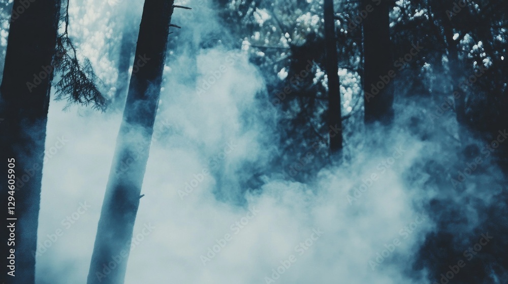 Poster a tranquil forest is enveloped in soft, swirling fog, creating an ethereal atmosphere as the sun ris
