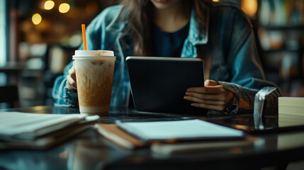 Iced coffee on a wooden table in a cozy café with a student studying in the background