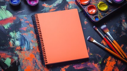 A dynamic, energetic background with a blank notebook in neon orange, scattered with paint splashes and brushes.