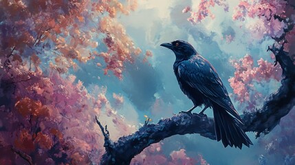 Fototapeta premium Dark crow perched on a branch amidst vibrant pink and blue blossoms under a cloudy sky.
