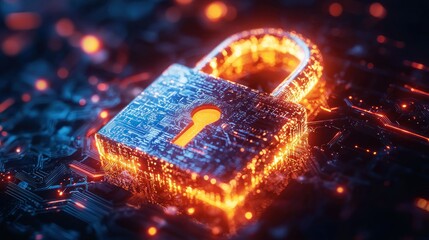 Glowing Cyber Security Lock on Circuit Board