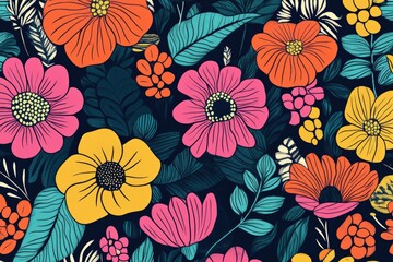 Modern, abstract botanical pattern with bold, continuous line flowers and leaves in vibrant colors
