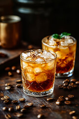 Two glasses of iced coffee with ice and mint leaves
