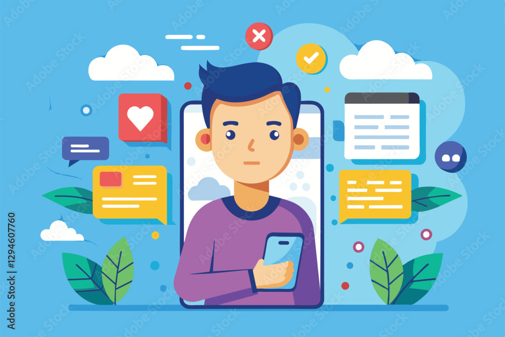 Poster a person engages with a mobile device surrounded by colorful notifications and clouds in a dynamic l