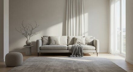 Minimalist living room interior with grey sofa and rug. Neutral color tones in apartment with modern furniture. Home decor concept for real estate, interior design websites