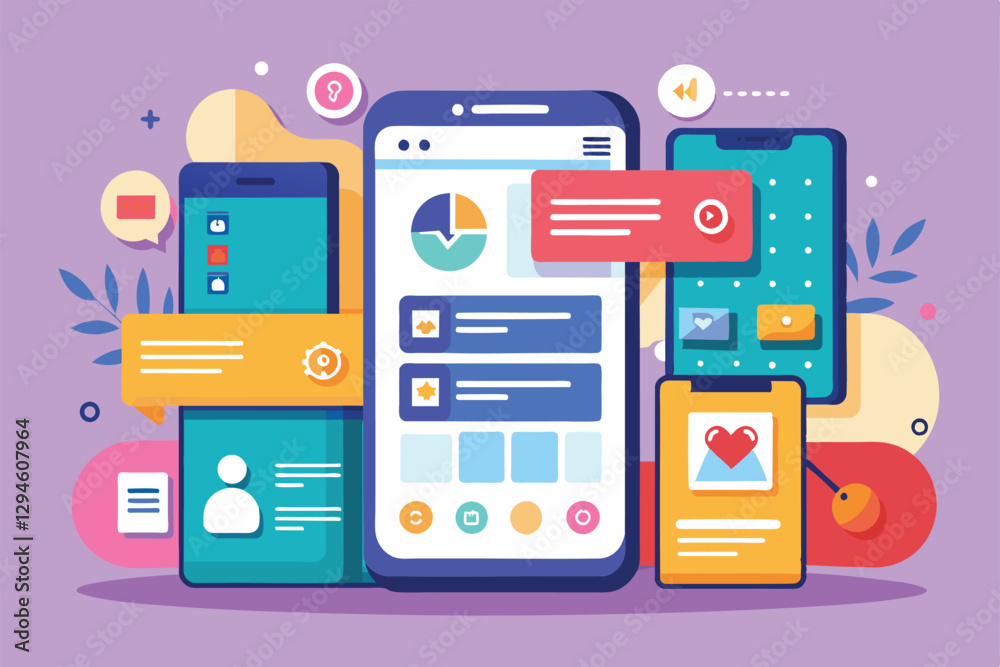 Poster this visual displays an array of mobile screens featuring colorful and customizable ux elements, mob
