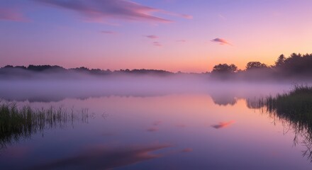 Obraz premium Misty sunrise over peaceful lake in countryside. Tranquil morning landscape with fog rolling over water and hills. Serene nature scene for relaxation, calendar, travel blog