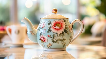 Elegant teapot with a floral design, highlighting tea culture and dining