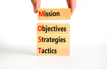 MOST symbol. Concept word MOST Mission Objectives Strategies Tactics on wooden blocks. Beautiful...