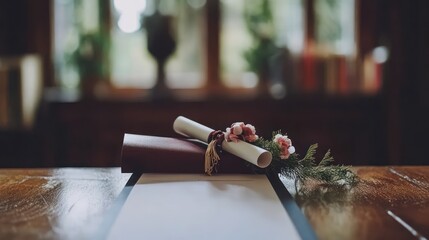 Obraz premium Elegant scroll and flowers on a wooden table setting