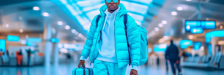 Traveler in monochrome attire, journey start. Design for print, card, poster