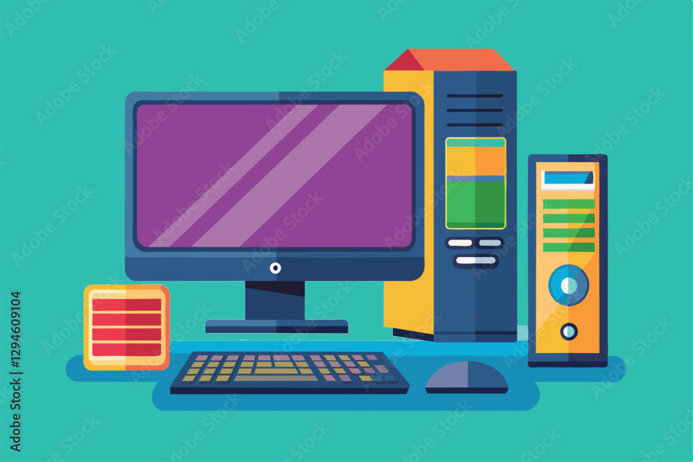 Poster a sleek desktop computer setup showcases features like a monitor, keyboard, and cpu in a modern styl