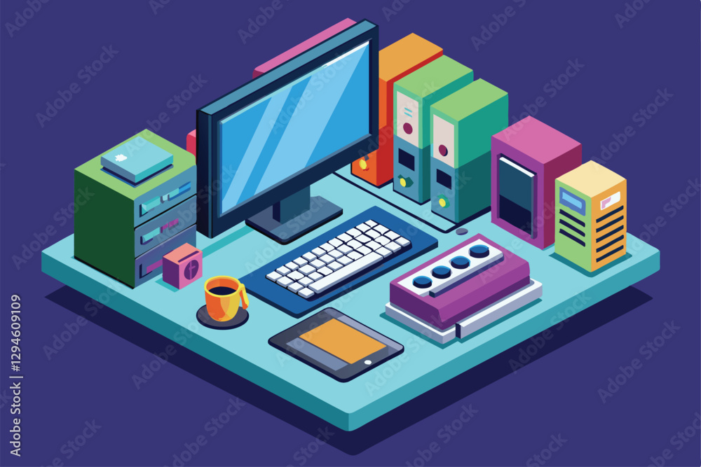 Poster a customizable desktop computer setup features a monitor, keyboard, and various accessories on a sty