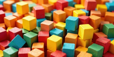 A vibrant collection of colorful wooden blocks forming a dynamic and playful arrangement