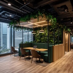 Fototapeta premium A creative office showcasing convertible furniture, spacious open workspaces, and focus rooms designed for quiet concentration 
